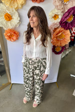 High Waist Wide Leg Satin-Like Pant Sage Print