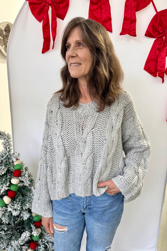 V-Neck Cable Knit Sweater Grey