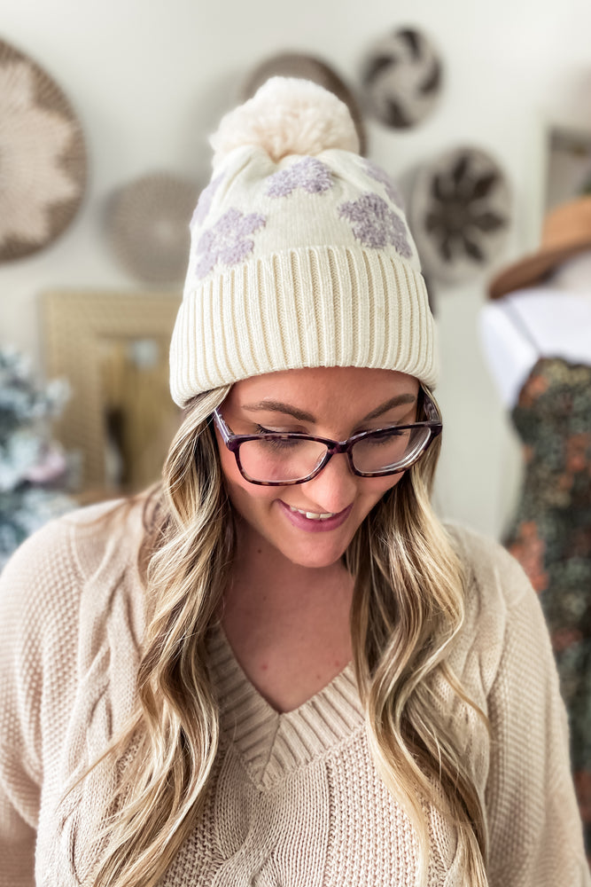 Lavender Daisy Patterned Faux Fur C.C Beanie