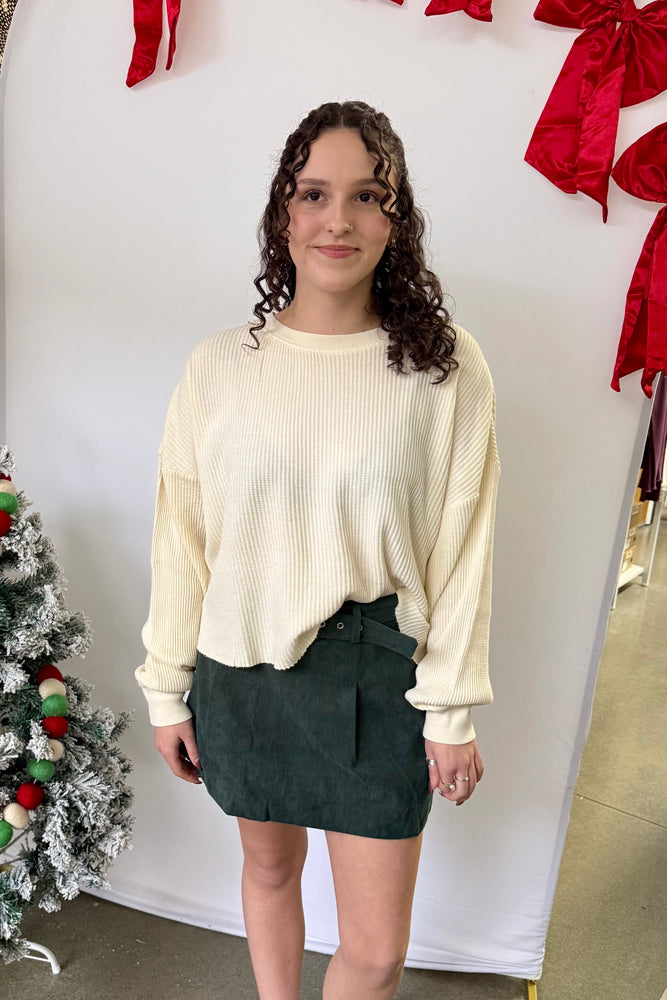 Belted Corduroy Pleated Skirt