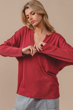 Ribbed Long Sleeve Notch Neck Top Burgundy