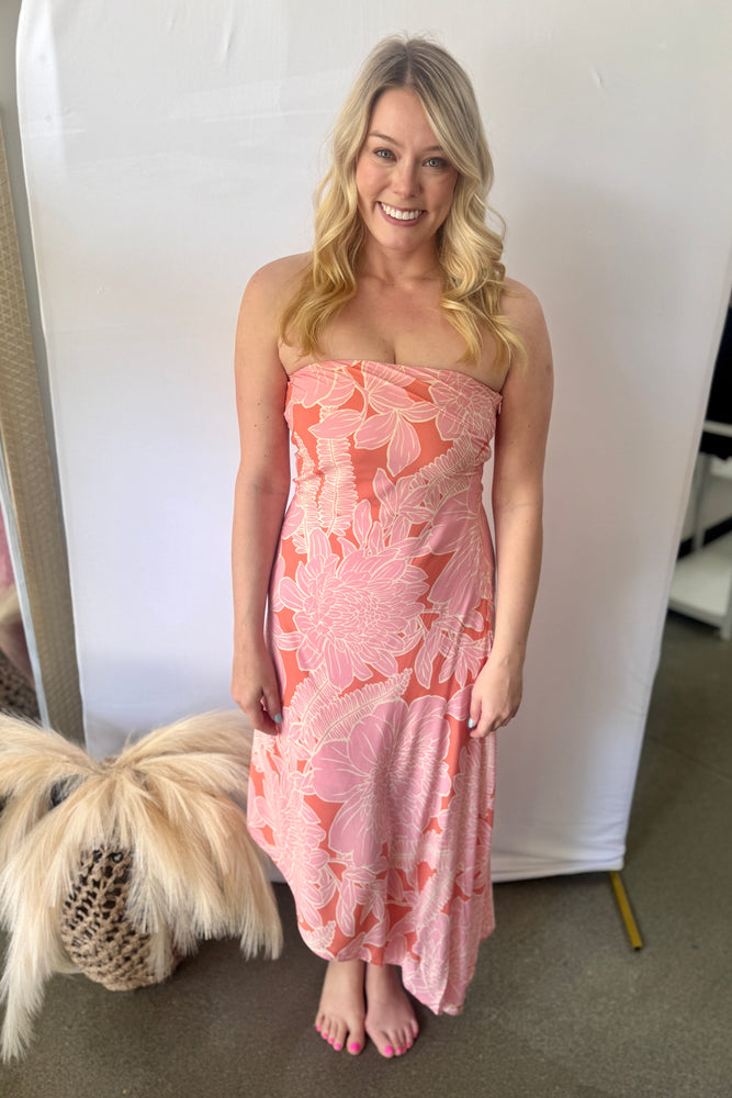 Strapless Floral Print Dress Pink and Orange
