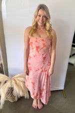 Strapless Floral Print Dress Pink and Orange