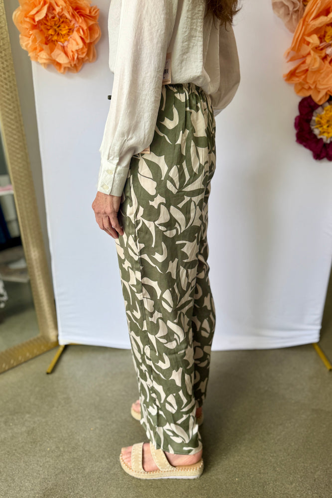 High Waist Wide Leg Satin-Like Pant Sage Print