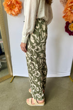 High Waist Wide Leg Satin-Like Pant Sage Print