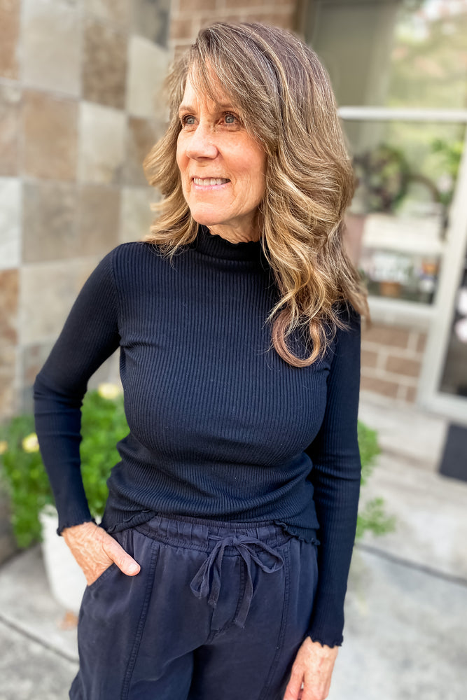 Ryan Knit Lettuce Hem Turtleneck Top Black