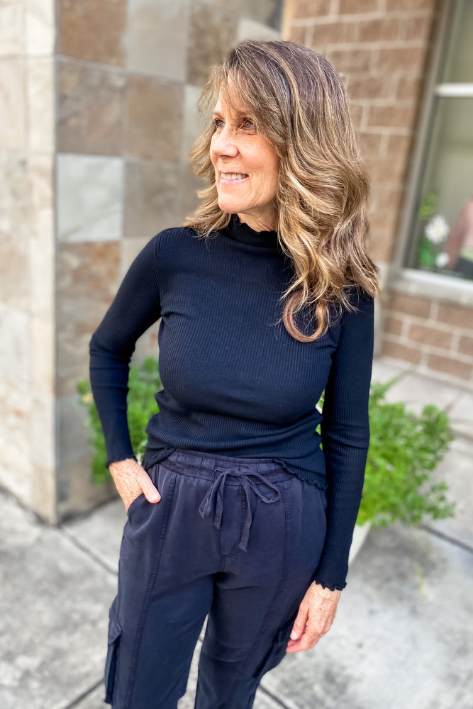 Ryan Knit Lettuce Hem Turtleneck Top Black