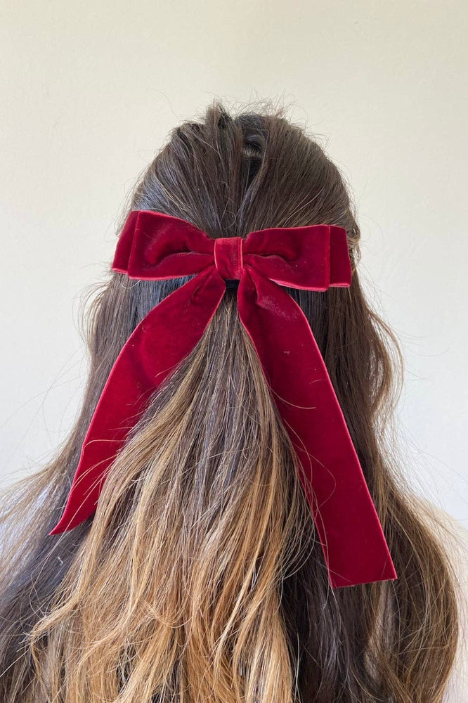 Classic Velvet Hair Bow Barrette: Red
