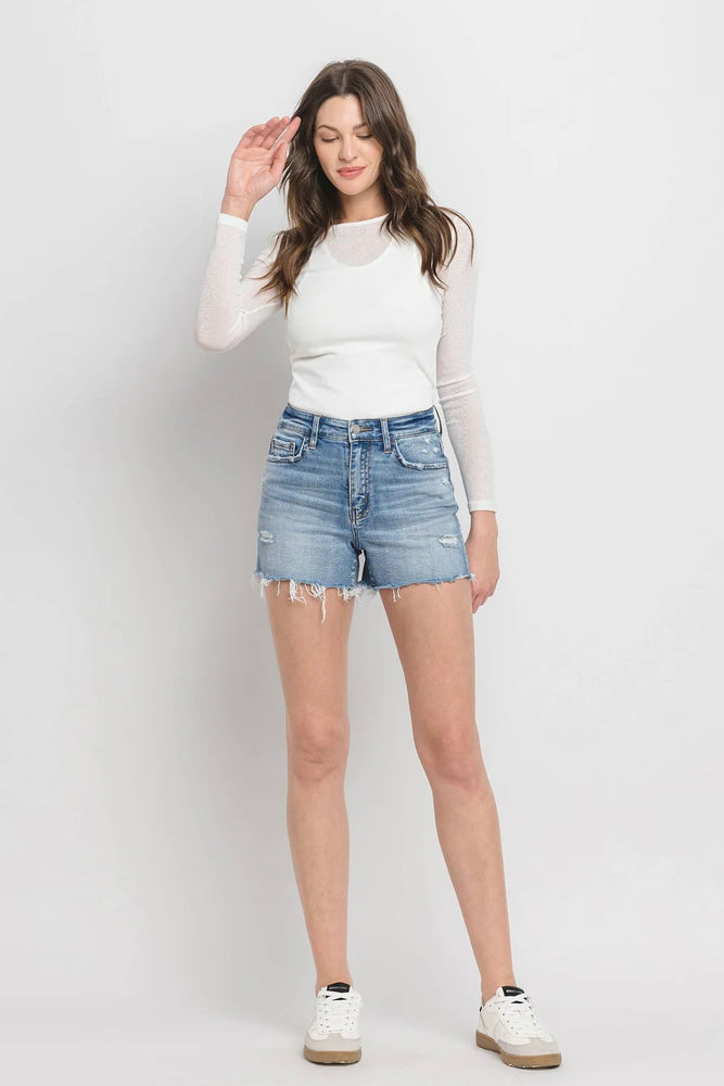 High Rise A-Line Denim Shorts