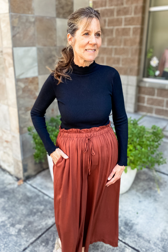 Ryan Knit Lettuce Hem Turtleneck Top Black