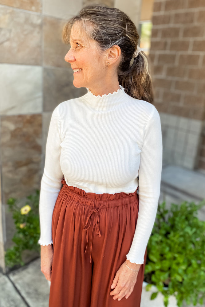 Ryan Knit Lettuce Hem Turtleneck Top White