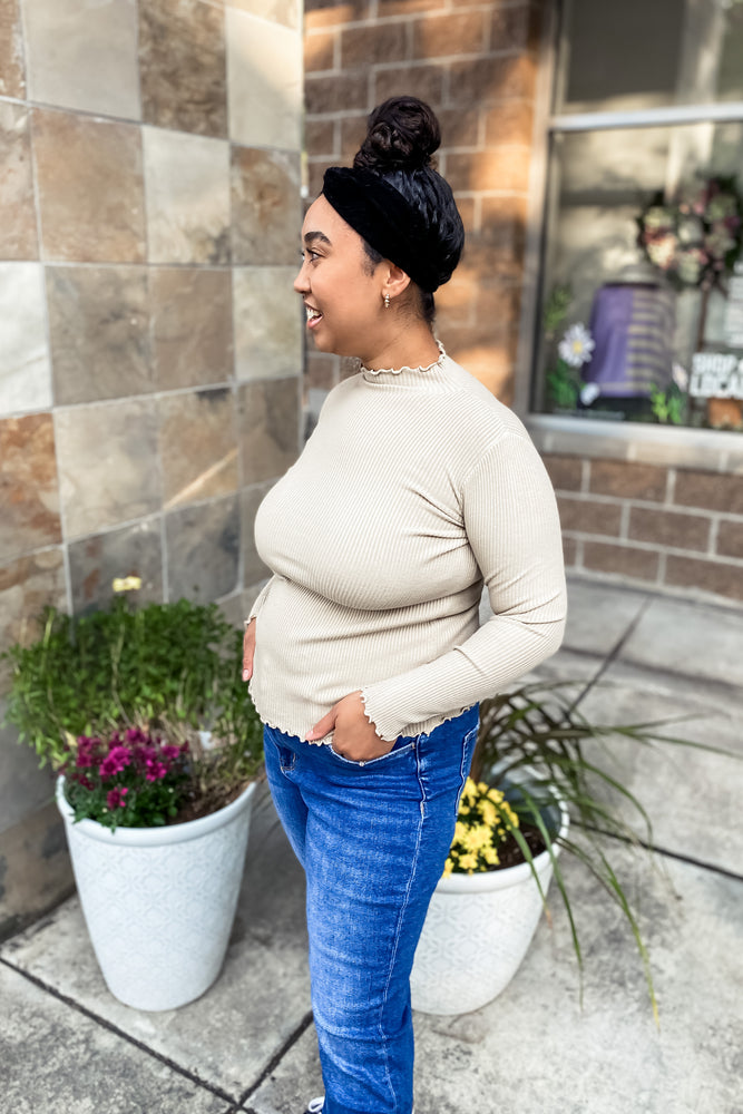 Ryan Knit Lettuce Hem Turtleneck Top Latte