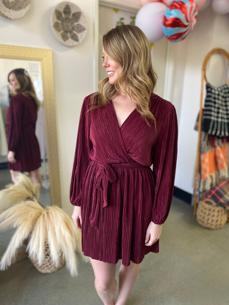 Augusta Pleated Surplice Dress Wine