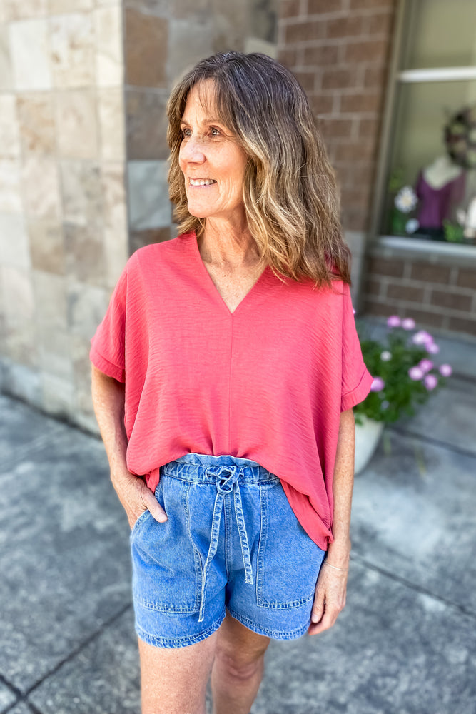 Mia Oversized V-Neck Top Soft Red - Lilac&Lemon