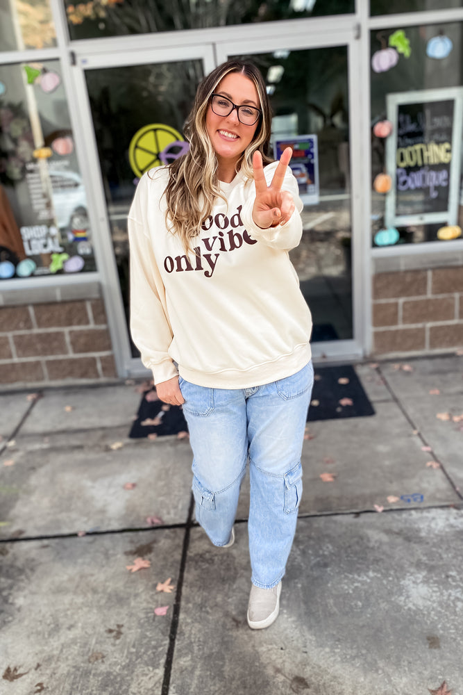 Cream Good Vibes Only Embroidered Sweatshirt