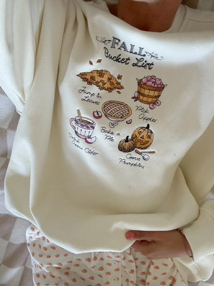 Ivory Autumn Fall Bucket List Embroidered Graphic Sweatshirt