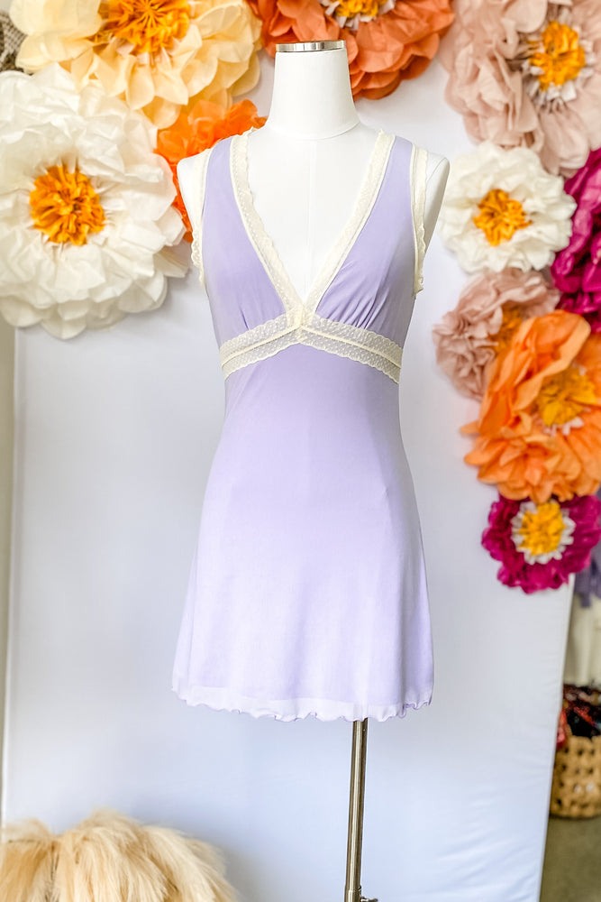 Sleeveless V-Neck Lace Trimmed Mini Dress Purple