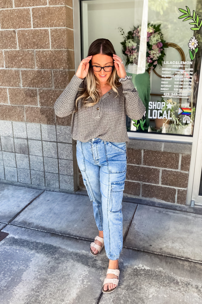Willow Waffle Knit Pullover Grey Mint - Lilac&Lemon