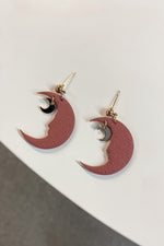 Terracotta Colored Imprinted Clay Gold Charm Moon Dangle Earrings