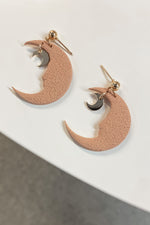 Tan Colored Imprinted Clay Gold Charm Moon Dangle Earrings