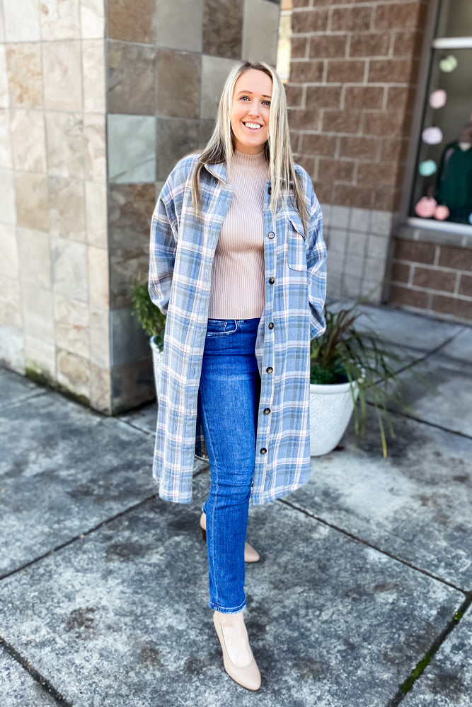 Arlis Blue Brushed Plaid Long Shacket