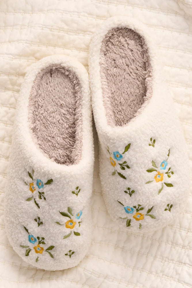 Fuzzy Slippers Dainty Floral Blue Yellow