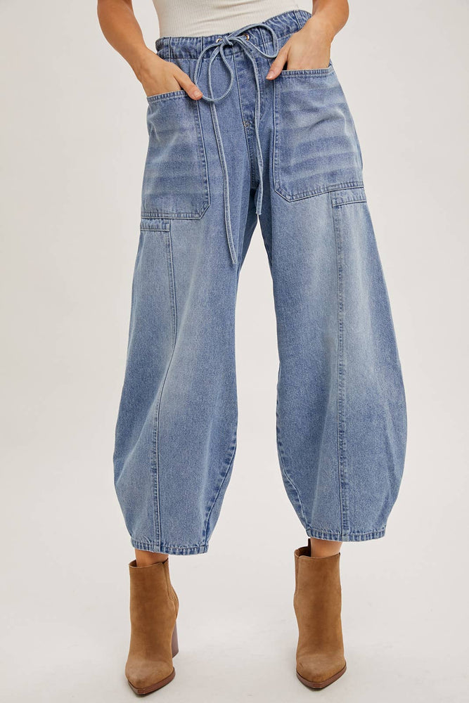 Sarah Mid Rise Drawstring Barrel Jeans