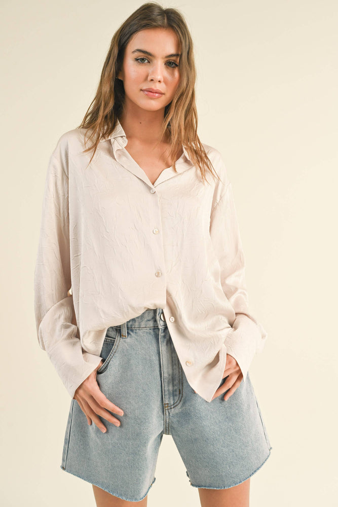 Button Down Crinkle Blouse Cream