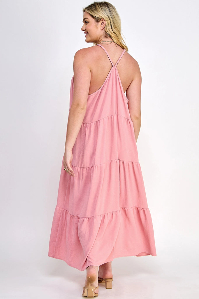 chinese dress ladies Light Pink Woven Textured Flutter Sleeve V-Neck Tiered Maxi Dress main image 0
