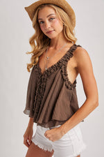Gathered Strap Raw Edge V-Neck Flowy Tank