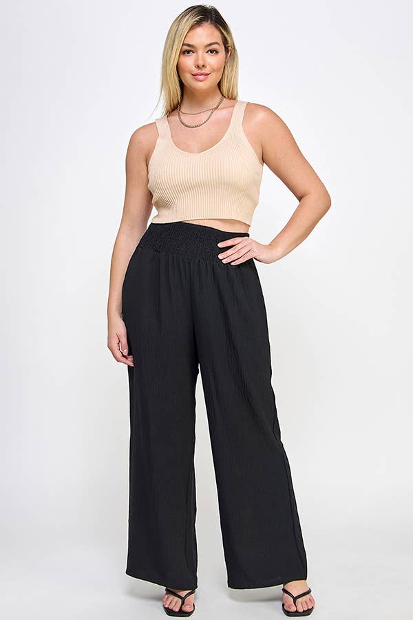 Plus Size Smocked Wide-Leg Pants Black
