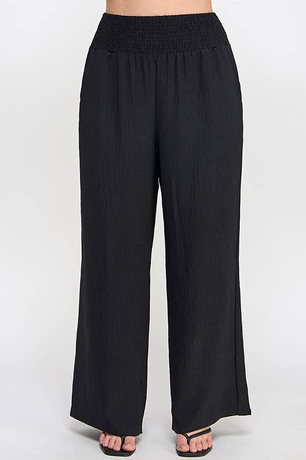 Plus Size Smocked Wide-Leg Pants Black