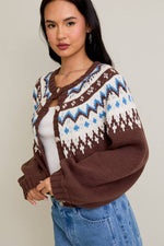 Cropped Sweater Cardigan Brown and Blue Fair Isle Style Pattern