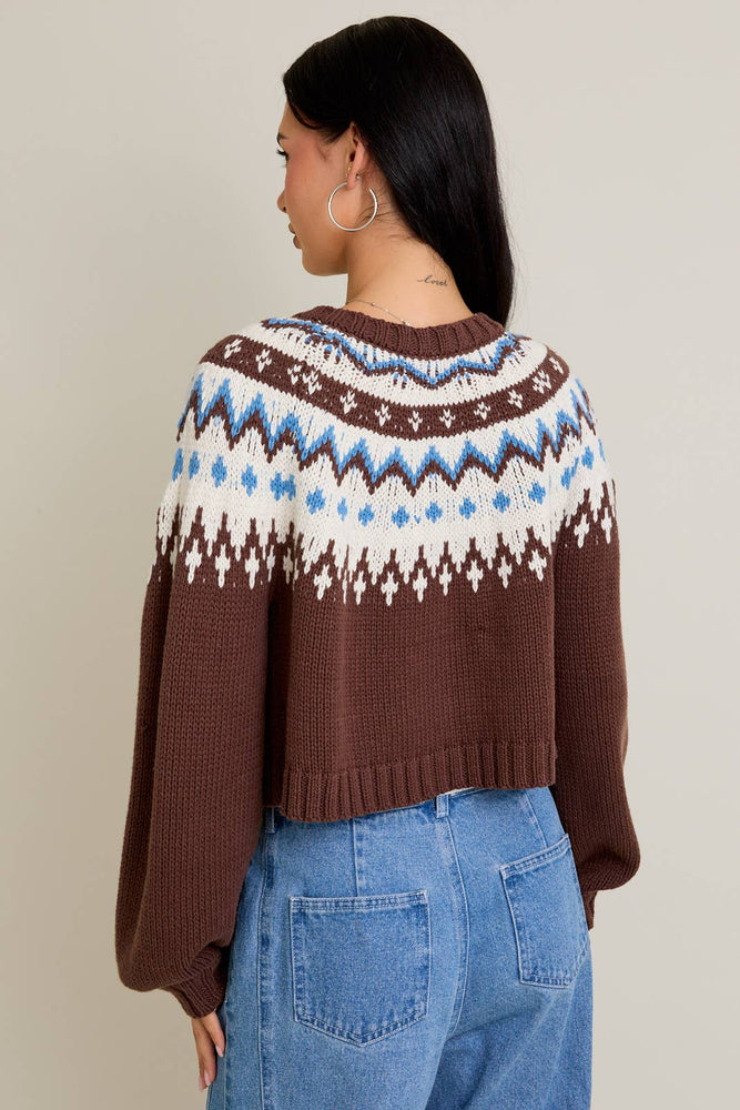 Cropped Sweater Cardigan Brown and Blue Fair Isle Style Pattern