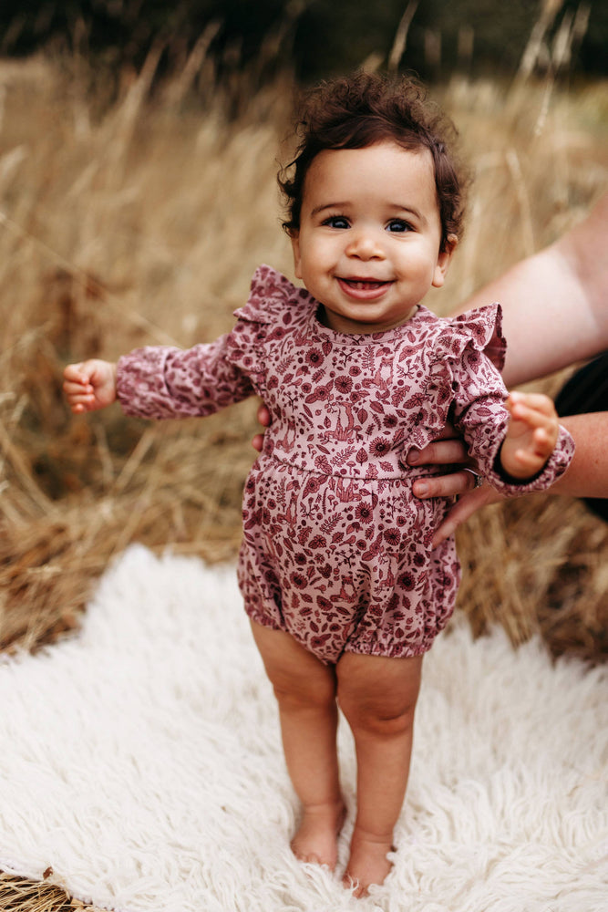 Flutter Long Sleeve Romper Fox Floral Dusty Rose