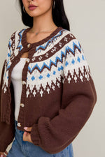 Cropped Sweater Cardigan Brown and Blue Fair Isle Style Pattern