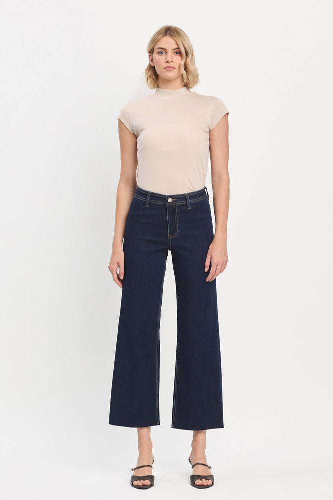 High Rise Raw Hem Wide Leg Ankle Jeans