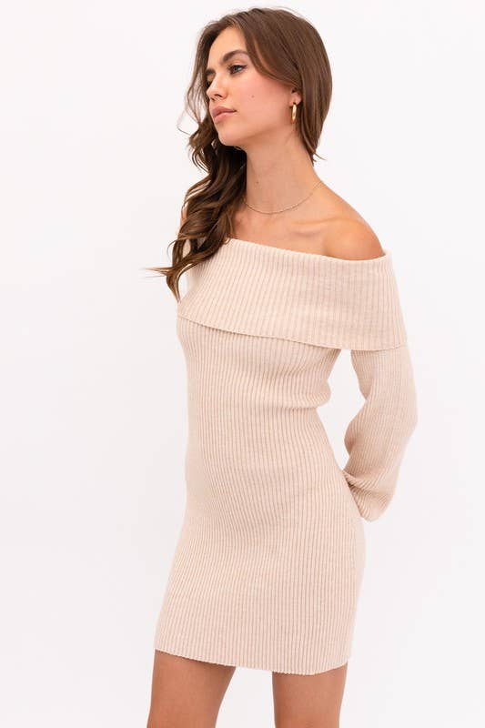 Ballon Sleeve Off Shoulder Sweater Dress Sage