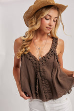 Gathered Strap Raw Edge V-Neck Flowy Tank