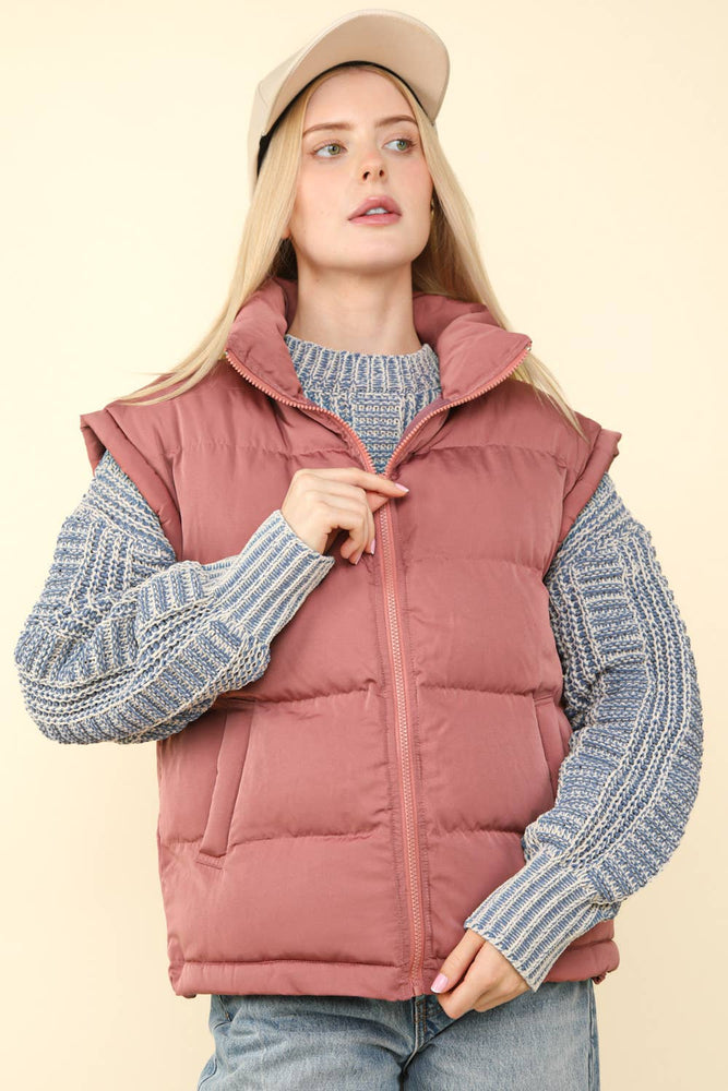 High Neck Puffer Vest Mauve