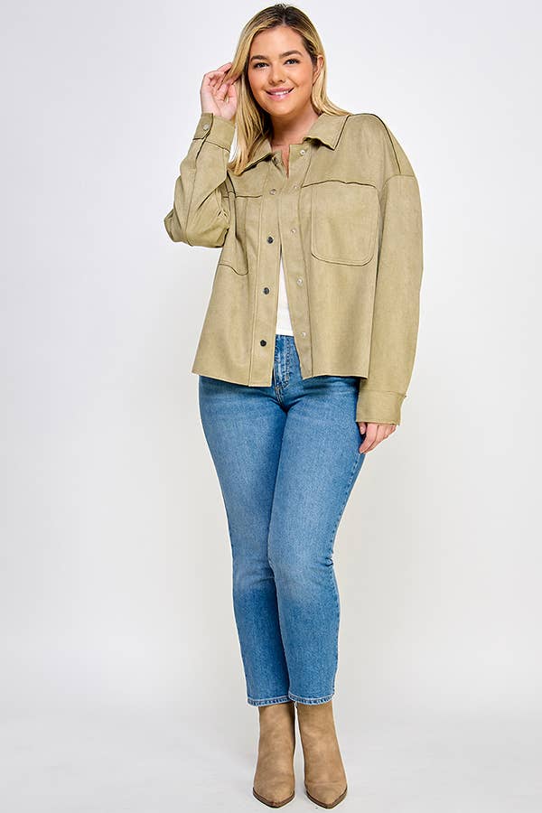 Plus Size Faux Suede Shacket Olive