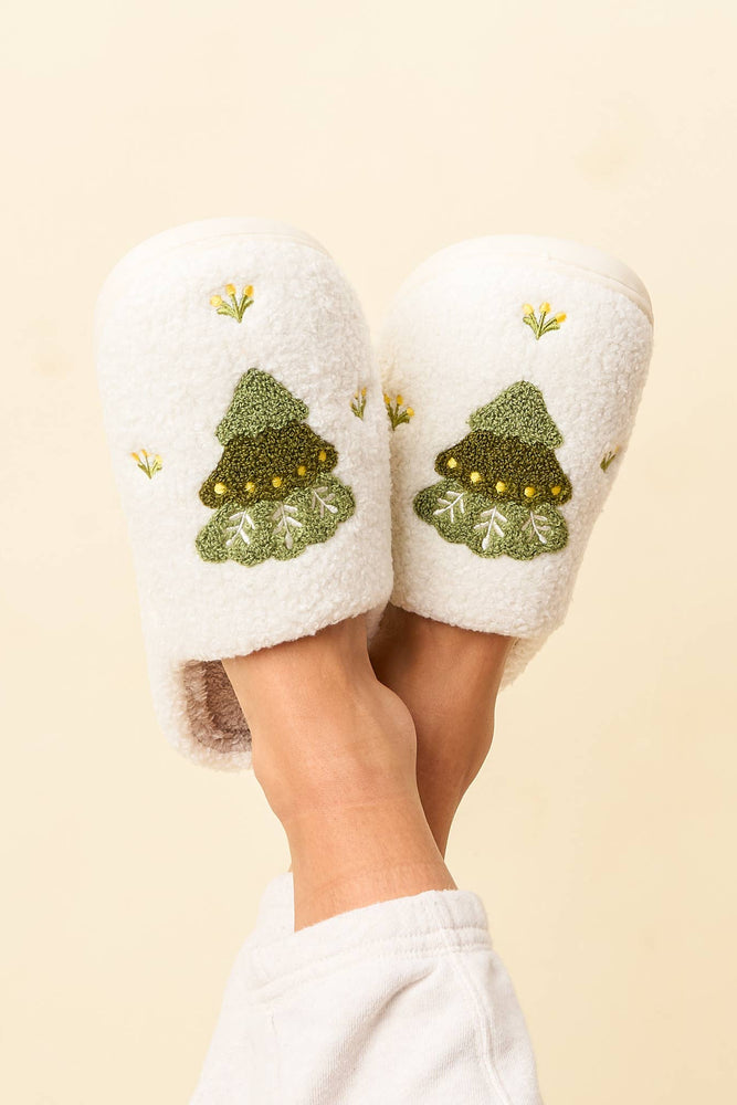 Fuzzy Holiday Tree Slippers