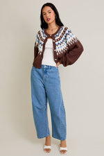 Cropped Sweater Cardigan Brown and Blue Fair Isle Style Pattern
