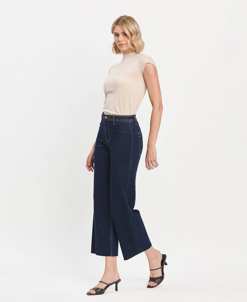 High Rise Raw Hem Wide Leg Ankle Jeans