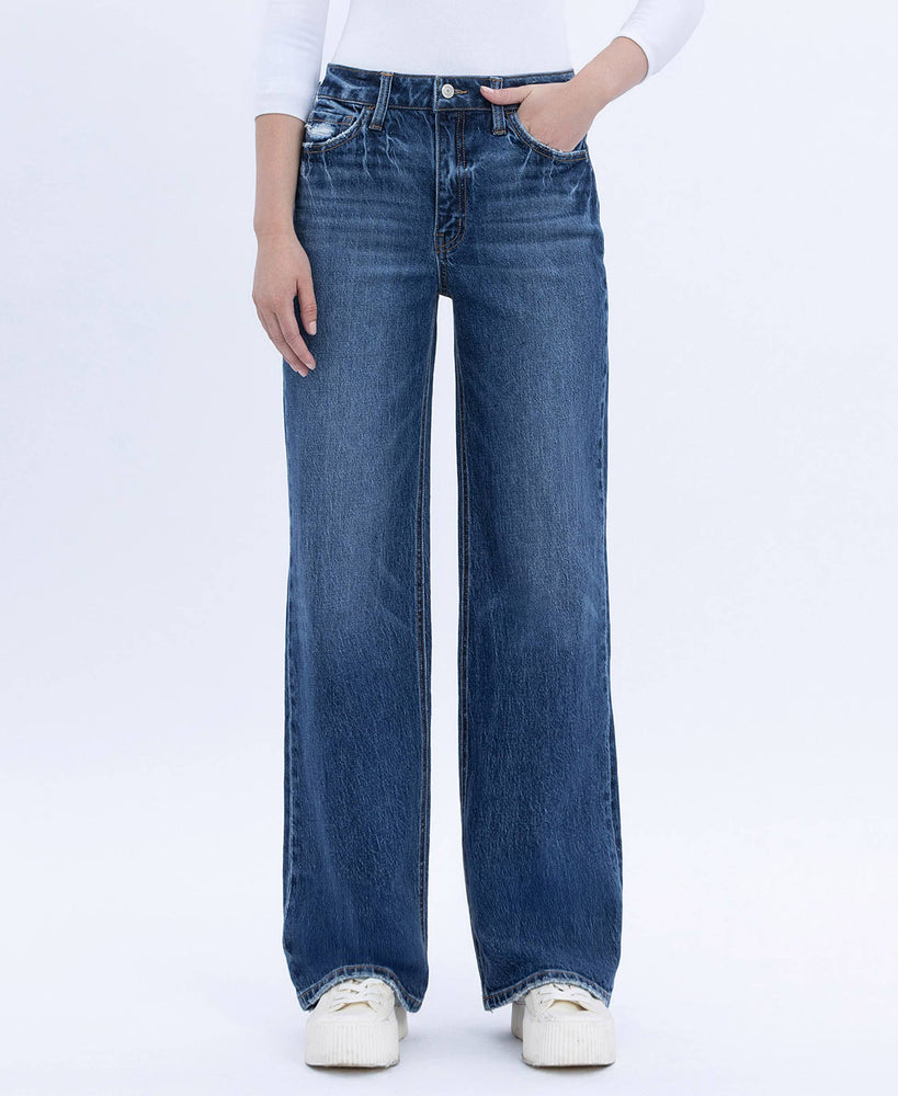 90s Super High Rise Dark Wash Wide Leg Jeans