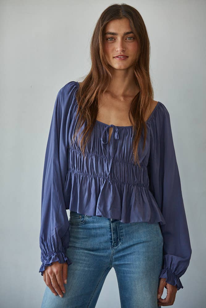 Woven Cotton Long Cap Sleeve Smocked Blouse