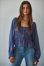 Woven Cotton Long Cap Sleeve Smocked Blouse