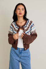 Cropped Sweater Cardigan Brown and Blue Fair Isle Style Pattern