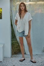 Woven Cotton Gauze Plunged V-Neck Button Top