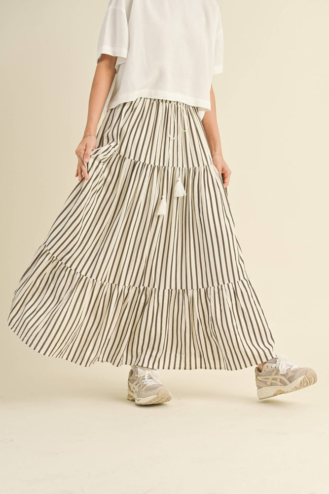 Striped Tiered Maxi Skirt Olive